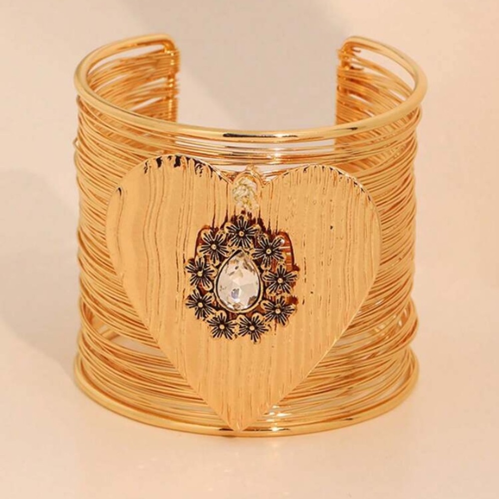 Handmade Golden Spiral Cuff Bracelet With Heart Design, Vintage